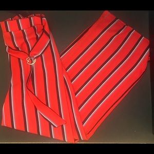 Forever 21 belt stripe wide leg pants, red and black,